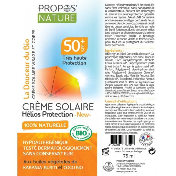 Crème solaire 100% naturelle très haute protection 50SPF+ propos'nature par phyto-soins