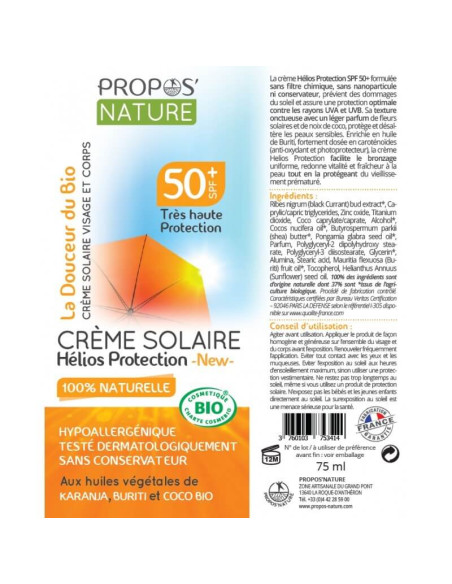 Crème solaire 100% naturelle très haute protection 50SPF+ propos'nature par phyto-soins