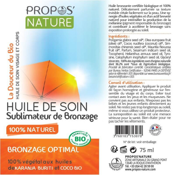 Huile de soin Sublimateur de bronzage 100% naturel étiquette