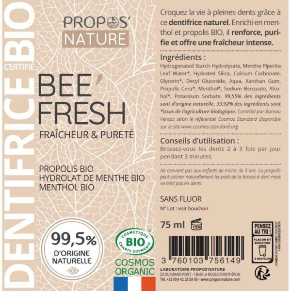 Dentifrice BEE'FRESH à la menthe BIO propos nature par phyto-soins