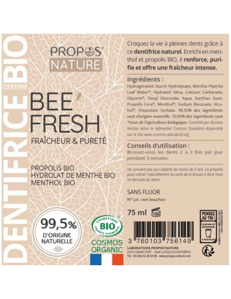Dentifrice BEE'FRESH à la menthe BIO propos nature par phyto-soins