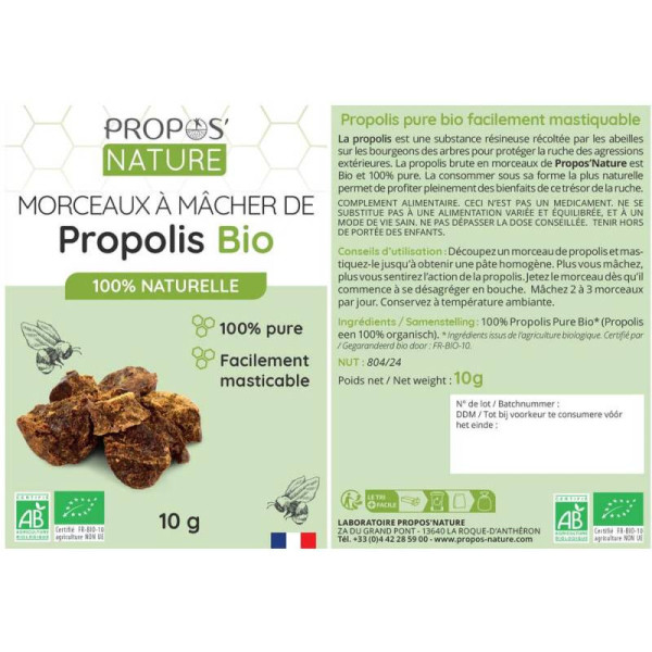 Morceaux de Propolis Pure à Mâcher Bio - Propos-nature étiquette