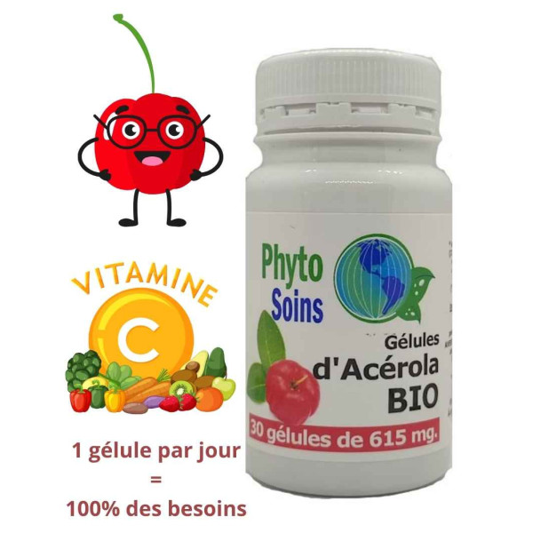 30 gélules Acérola BIO (vitamine C naturelle) cure d'un mois - Phyto-soins