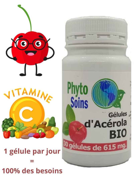 30 gélules Acérola BIO (vitamine C naturelle) cure d'un mois - Phyto-soins
