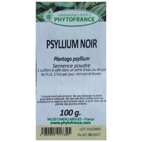 étiquette sachet de Poudre de Psyllium noir - Transit - Phytofrance