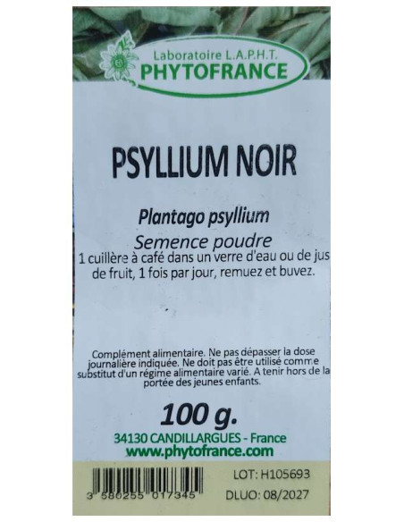 étiquette sachet de Poudre de Psyllium noir - Transit - Phytofrance