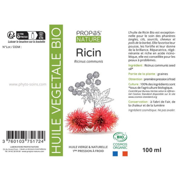 Huile Végétale de Ricin BIO cosmos organic- étiquette - Propos nature