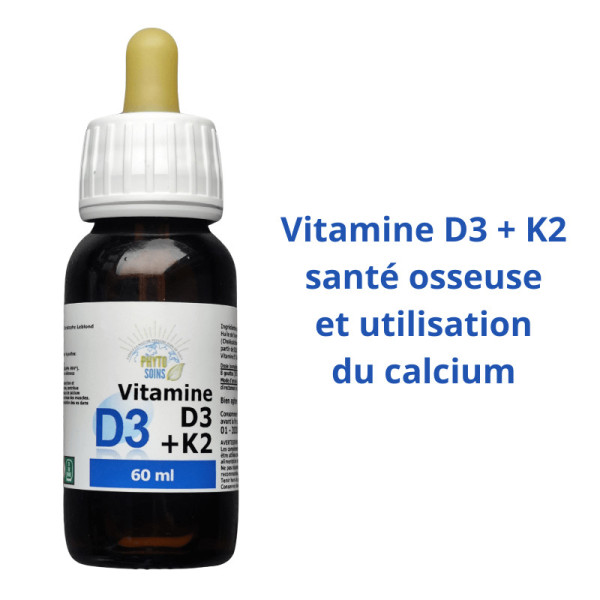 Flacon de Vitamine D3 + K2: santé des os et dent - Phyto-soins