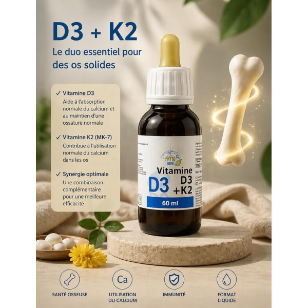 Flacon de Vitamine D3 + K2: santé des os et dent - Phyto-soins