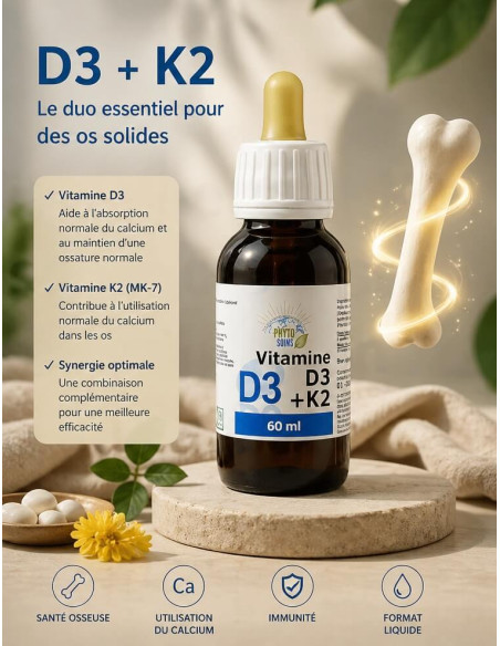 Flacon de Vitamine D3 + K2: santé des os et dent - Phyto-soins