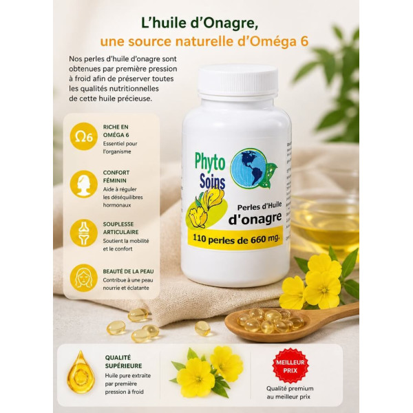 Huile d'Onagre 1ère pression à froid - oméga 6 - 110 Capsules de 500mg - Phyto-soins