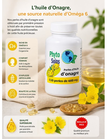 Huile d'Onagre 1ère pression à froid - oméga 6 - 110 Capsules de 500mg - Phyto-soins