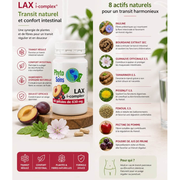 Lax-mensan - 8 actifs naturels - constipation  - 60 gélules de 630mg - Phyto-soins