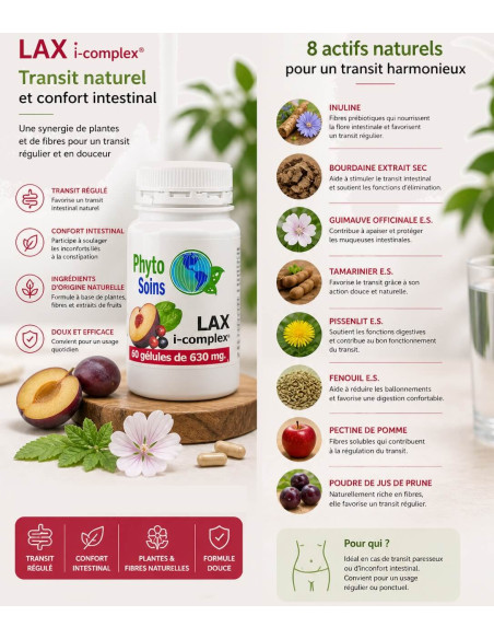 Lax-mensan - 8 actifs naturels - constipation  - 60 gélules de 630mg - Phyto-soins