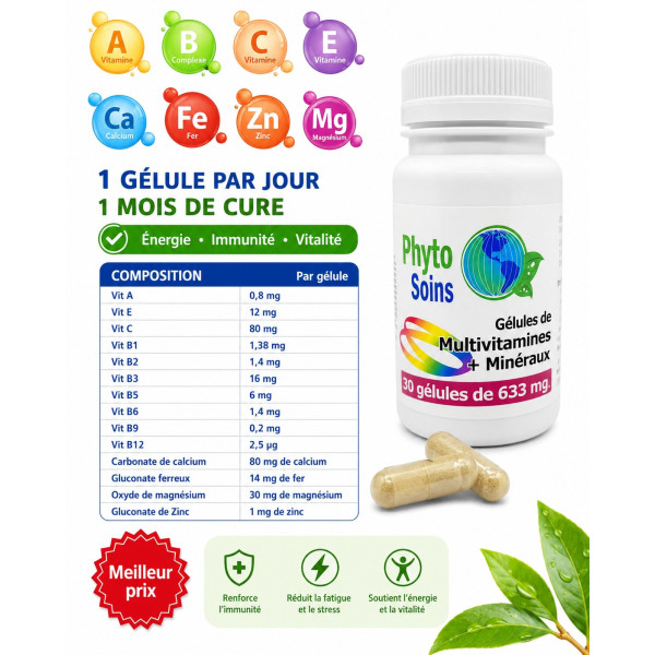 10 vitamines et 4 minéraux - 1 gélule par jour - 30 Gélules 655mg