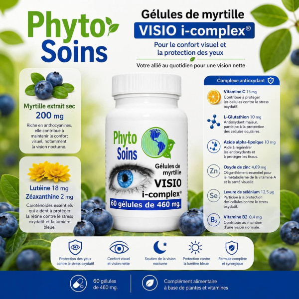 Myrtilles et Lutéine - complément alimentaire pour les yeux - 60 Gélules de 446mg - Phyto-soins