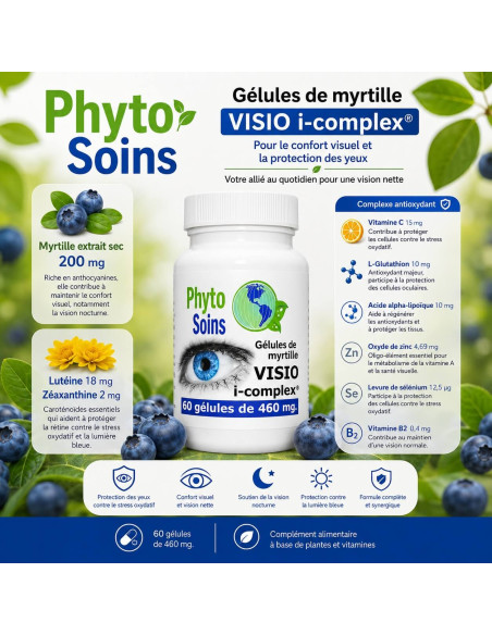 Myrtilles et Lutéine - complément alimentaire pour les yeux - 60 Gélules de 446mg - Phyto-soins