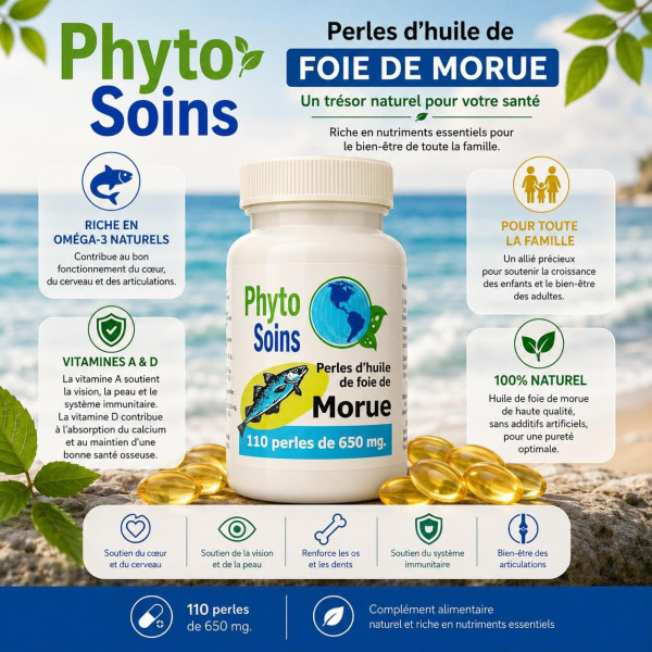 Huile de Foie de Morue en Capsules – Oméga-3 et Vitamines A & D – 110 capsules - Phyto-soins