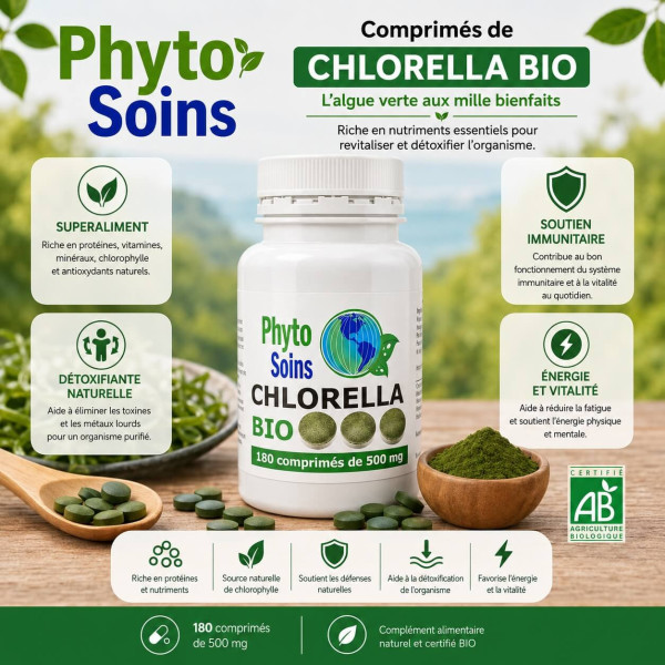 Chlorella BIO - Algue détox - 180 Comprimés de 500mg - Phyto-soins