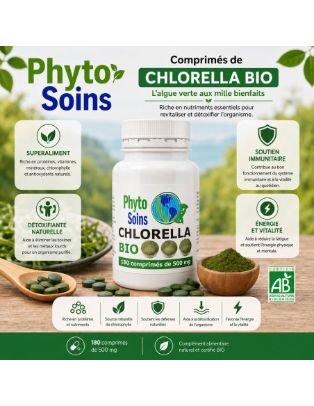 Chlorella BIO - Algue détox - 180 Comprimés de 500mg - Phyto-soins
