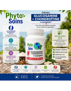 Glucosamine + Chondroïtine - confort articulaire - 60 gélules de 820mg - Phyto-soins