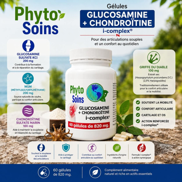 Glucosamine + Chondroïtine - confort articulaire - 60 gélules de 820mg - Phyto-soins