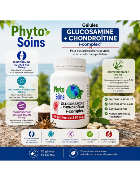Glucosamine + Chondroïtine - confort articulaire - 60 gélules de 820mg - Phyto-soins