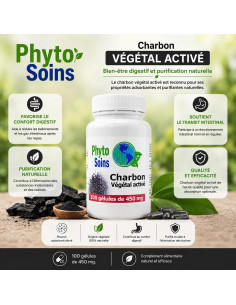 Charbon Végétal Activé - Flatulences & Toxines - 100 Gélules de 333mg - phyto-soins