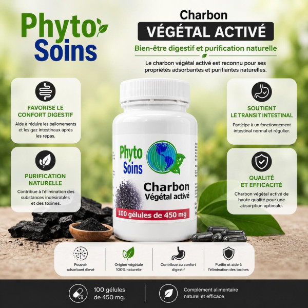 Charbon Végétal Activé - Flatulences & Toxines - 100 Gélules de 333mg - phyto-soins