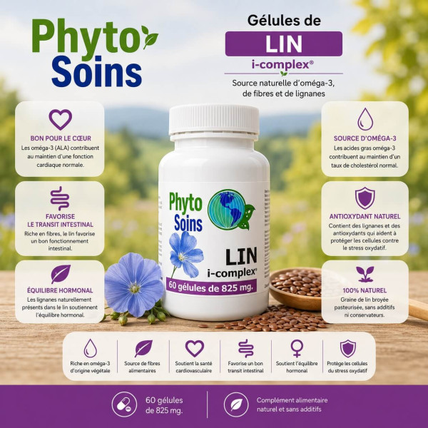 Fibres et Oméga 3 - Graines de Lin - 60 Gélules de 407mg - phyto-soins