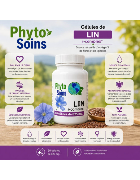 Fibres et Oméga 3 - Graines de Lin - 60 Gélules de 407mg - phyto-soins