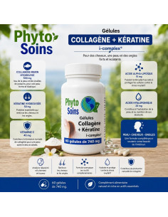 Collagène + Kératine - Fermeté & Élasticité - 60 gélules 500mg - Phyto-soins