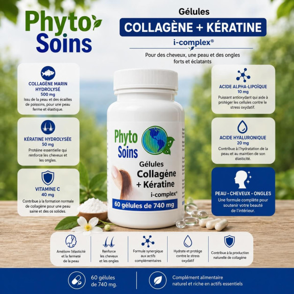 Collagène + Kératine - Fermeté & Élasticité - 60 gélules 500mg - Phyto-soins