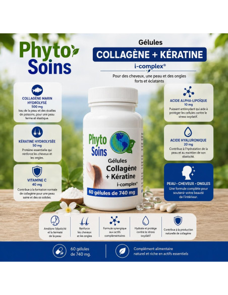Collagène + Kératine - Fermeté & Élasticité - 60 gélules 500mg - Phyto-soins