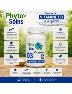 Vitamine D3 - os, immunité et moral saisonnier - 30 gélules de 2000 UI - Phyto-soins
