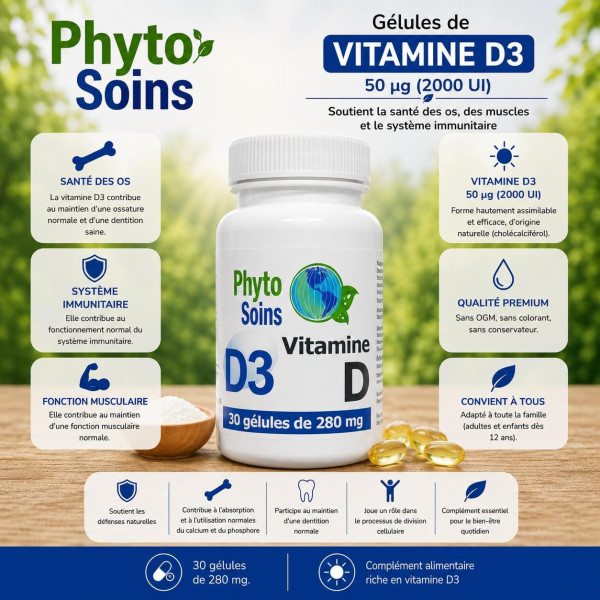 Vitamine D3 - os, immunité et moral saisonnier - 30 gélules de 2000 UI - Phyto-soins