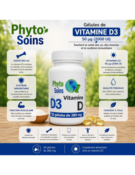 Vitamine D3 - os, immunité et moral saisonnier - 30 gélules de 2000 UI - Phyto-soins