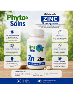 Zinc - Antioxydant, Immunité, Peau, Cerveau - 30 gélules de 10mg - Phyto-soins