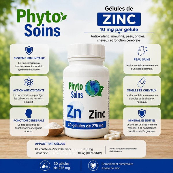 Zinc - Antioxydant, Immunité, Peau, Cerveau - 30 gélules de 10mg - Phyto-soins