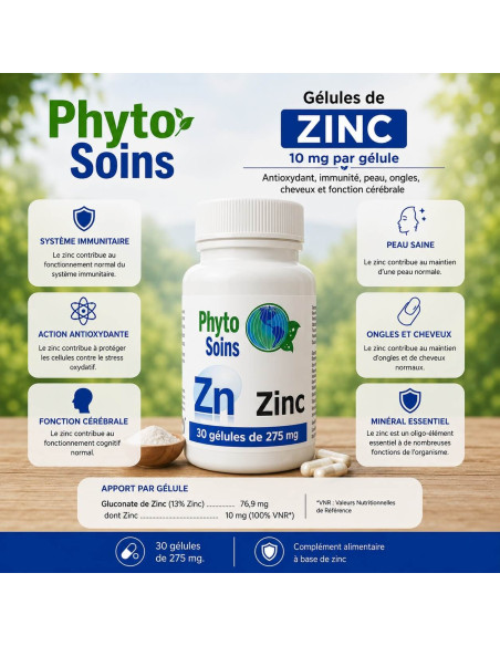 Zinc - Antioxydant, Immunité, Peau, Cerveau - 30 gélules de 10mg - Phyto-soins