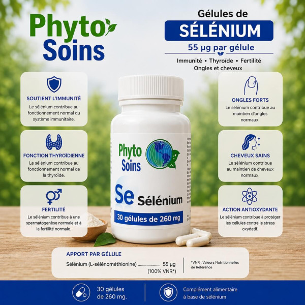Sélénium - Immunité, thyroïde, fertilité, ongles et cheveux -30 gélules 55ug - Phyto-soins