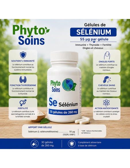 Sélénium - Immunité, thyroïde, fertilité, ongles et cheveux -30 gélules 55ug - Phyto-soins