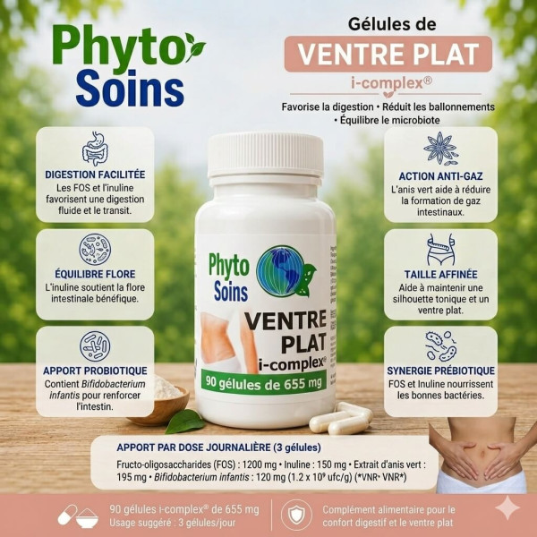 Ventre plat - Digestion et Gaz - Pré et Probiotiques - 90 gélules - Phyto-soins