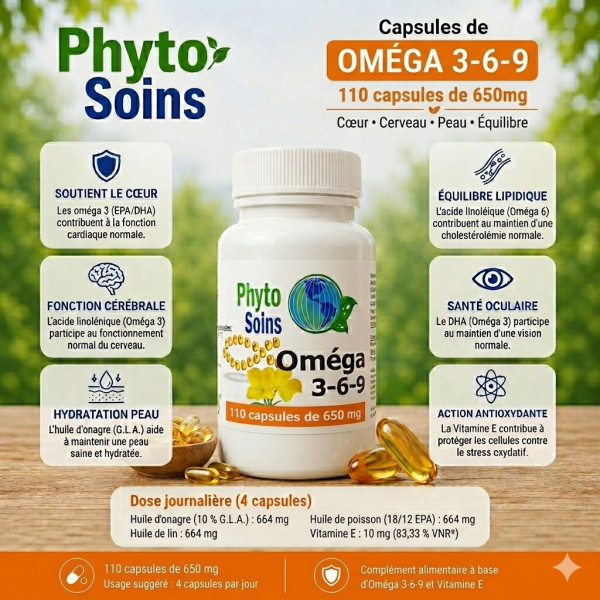 Oméga 3-6-9 (Poisson- onagre- Lin) -  Acides Gras Essentiels - 110 capsules - Phyto-soins