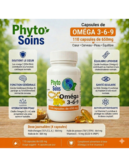 Oméga 3-6-9 (Poisson- onagre- Lin) -  Acides Gras Essentiels - 110 capsules - Phyto-soins