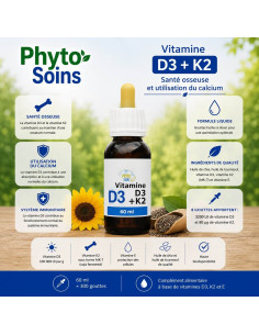Flacon de Vitamine D3 + K2 - santé des os et dent - Flacon de 60ml - phyto-soins