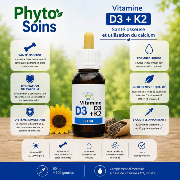Flacon de Vitamine D3 + K2 - santé des os et dent - Flacon de 60ml - phyto-soins