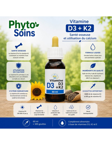 Flacon de Vitamine D3 + K2 - santé des os et dent - Flacon de 60ml - phyto-soins