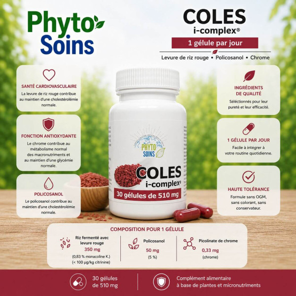 Levure de Riz rouge 180mg , policonasol et chrome - Cholestérol - 30 gélules - Phyto-soins