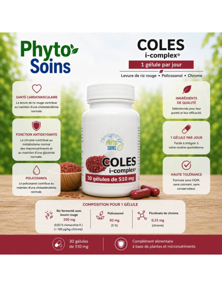 Levure de Riz rouge 180mg , policonasol et chrome - Cholestérol - 30 gélules - Phyto-soins